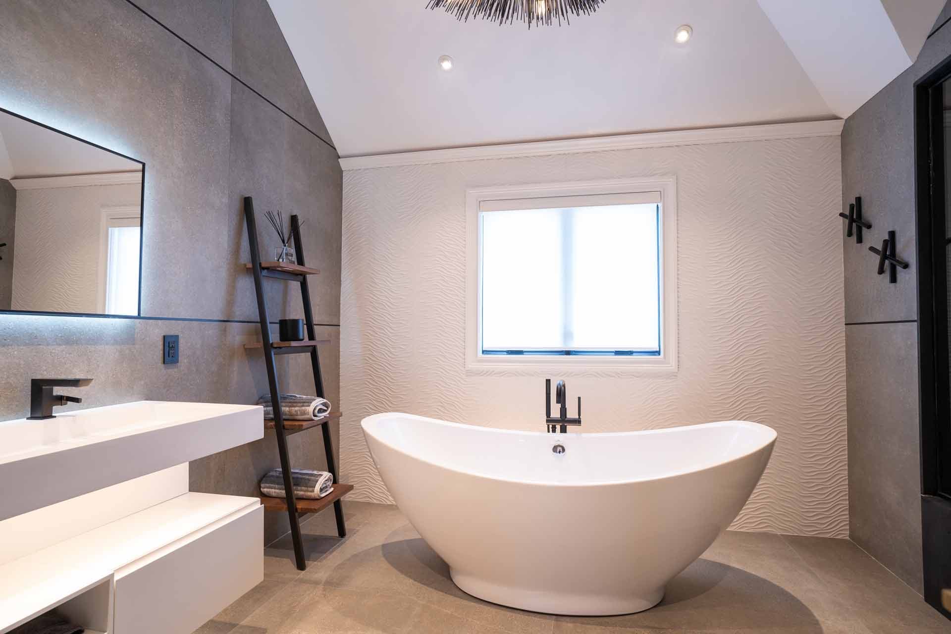 Spa-style bathroom with a freestanding soaking tub